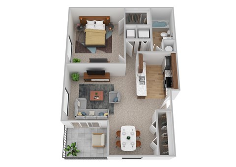 A top down view of a small apartment with a bedroom, living room, kitchen, and bathroom.